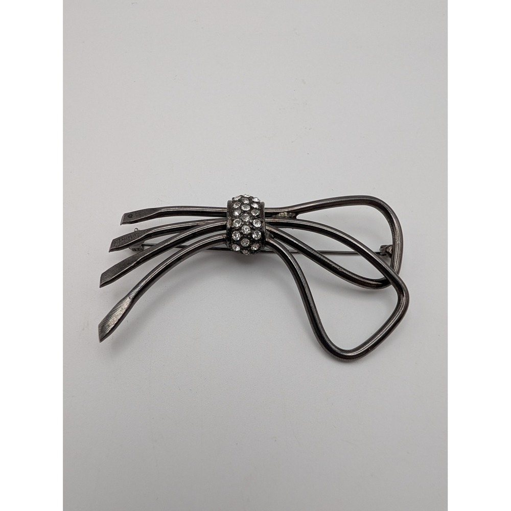 Gunmetal Tone Modernist Bow Brooch Rhinestone Pavé Accent Unsigned Pin